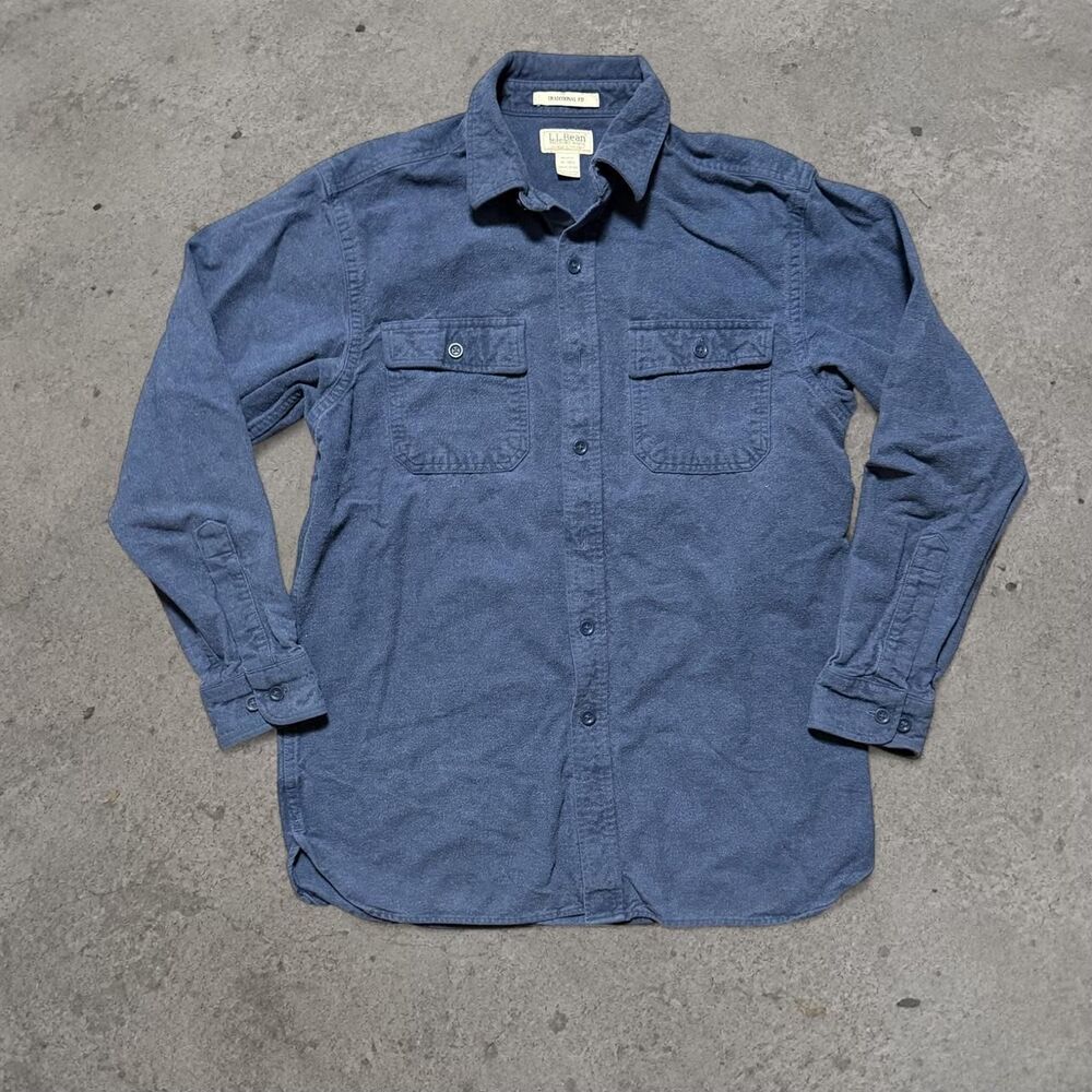 L.L.Bean Cotton Shirt Mens Medium Blue Button Down Long Sleeve Chamois Cloth